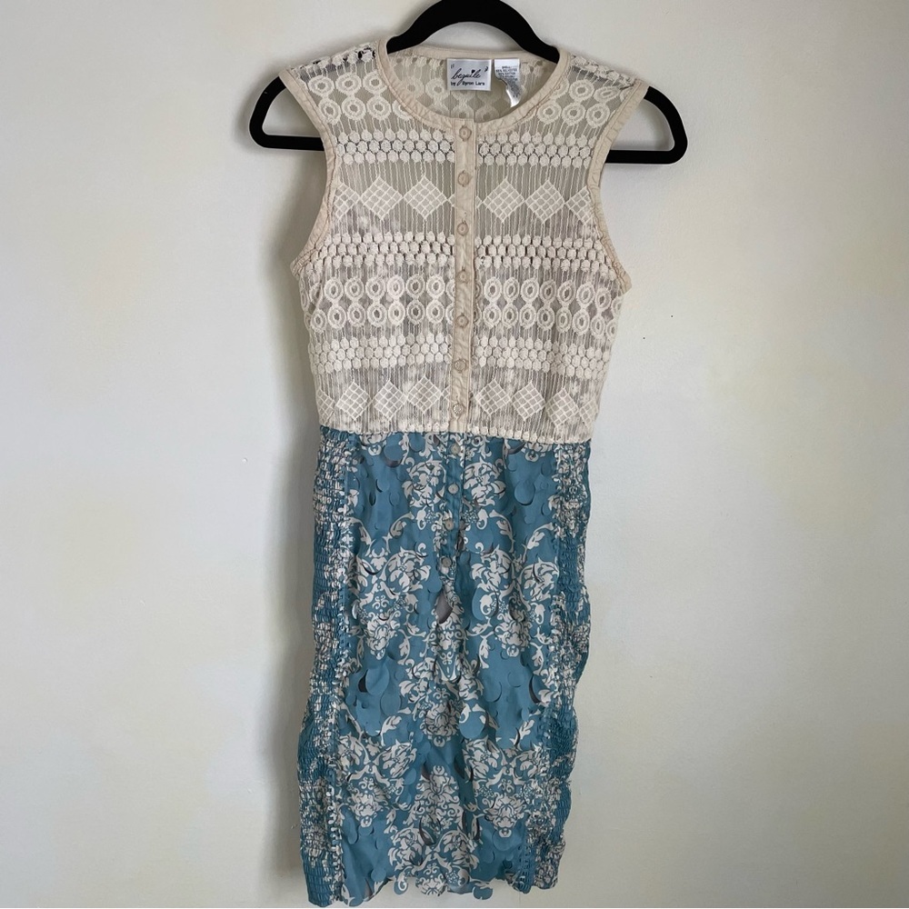 Anthropologie Ivory Lace and Blue Floral Midi Dress